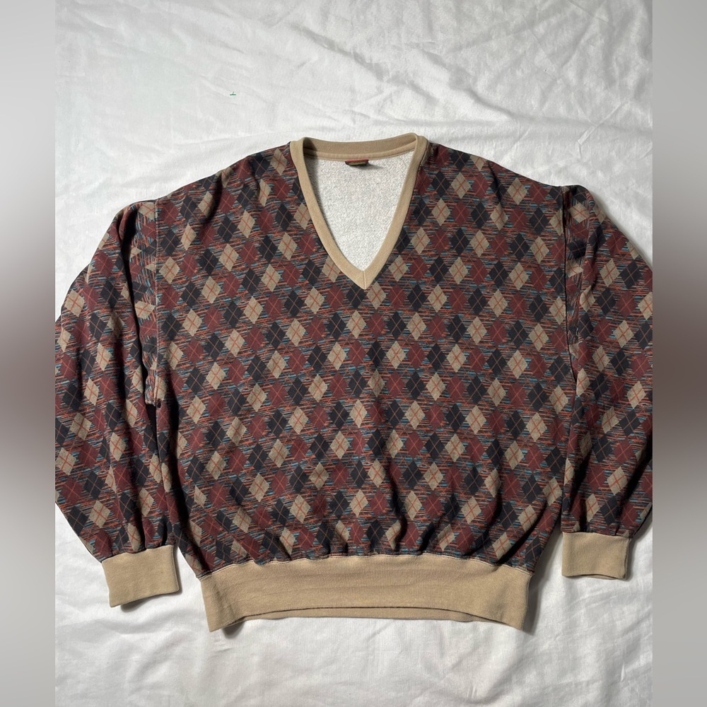 Vintage 90s Cross Creek Mini Argyle abstract pattern via neck sweater mens M USA